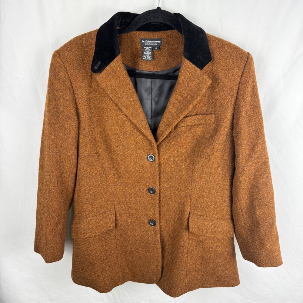 J. Peterman Brown Orange Tweed Wool Blazer Velvet Collar 14 Academia Preppy